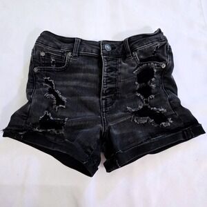 American Eagle Super High-Rise Shortie Distressed Black Wash Denim Shorts Size 0